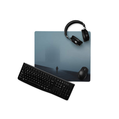 Black keyboard and mouse on Moody Blue Mist gaming mousepad with lone figure