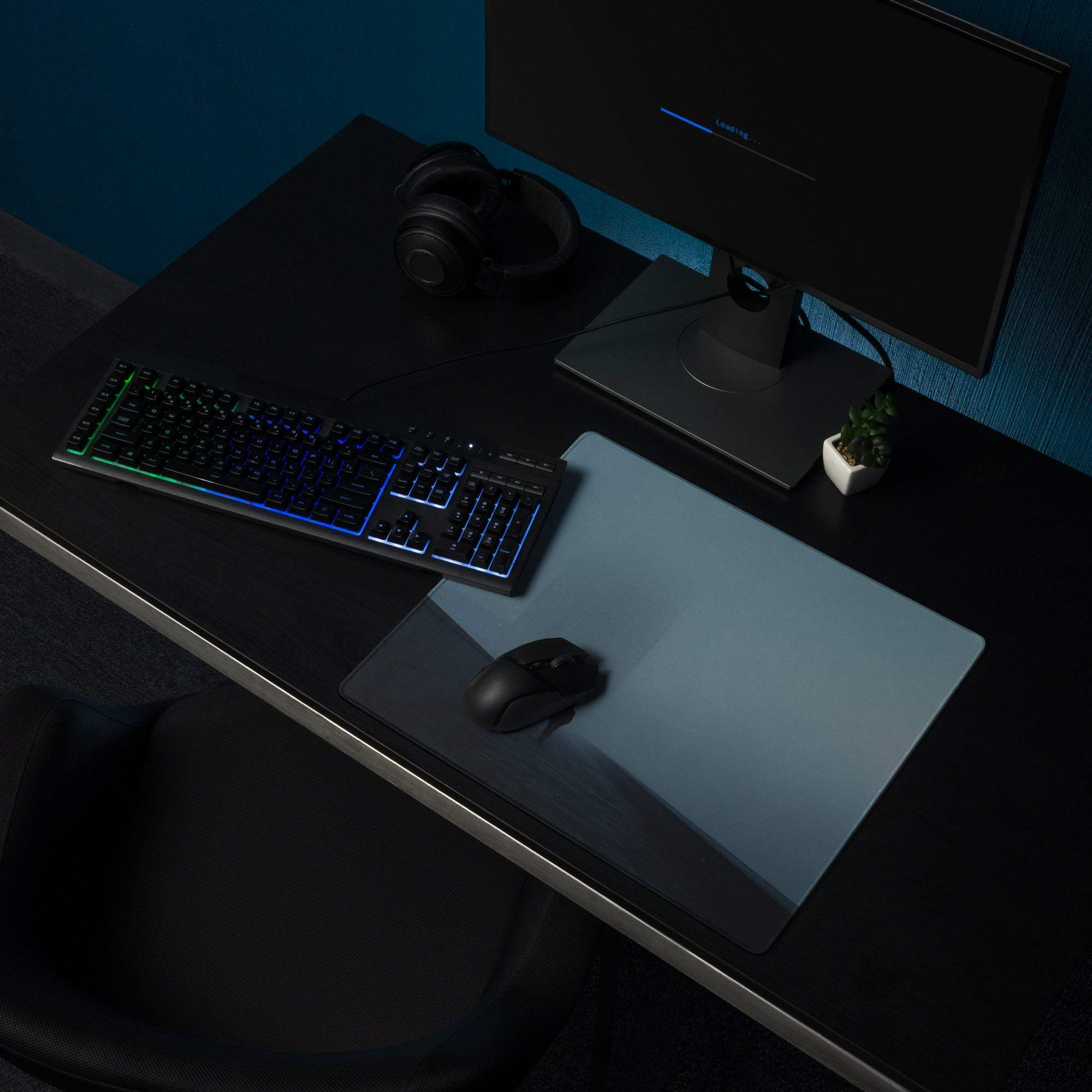 Moody Blue Mist gaming mouse pad with gray gradient and non-slip edges