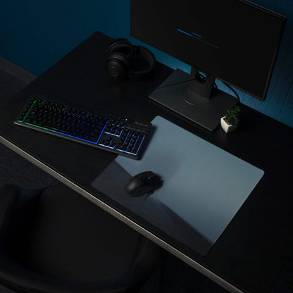 Moody Blue Mist gaming mouse pad with gray gradient and non-slip edges