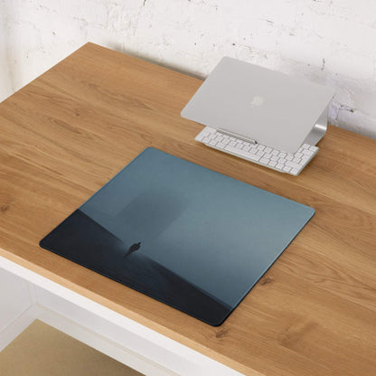 Moody Blue Mist gaming mousepad with blue-black gradient, solitary figure on hill
