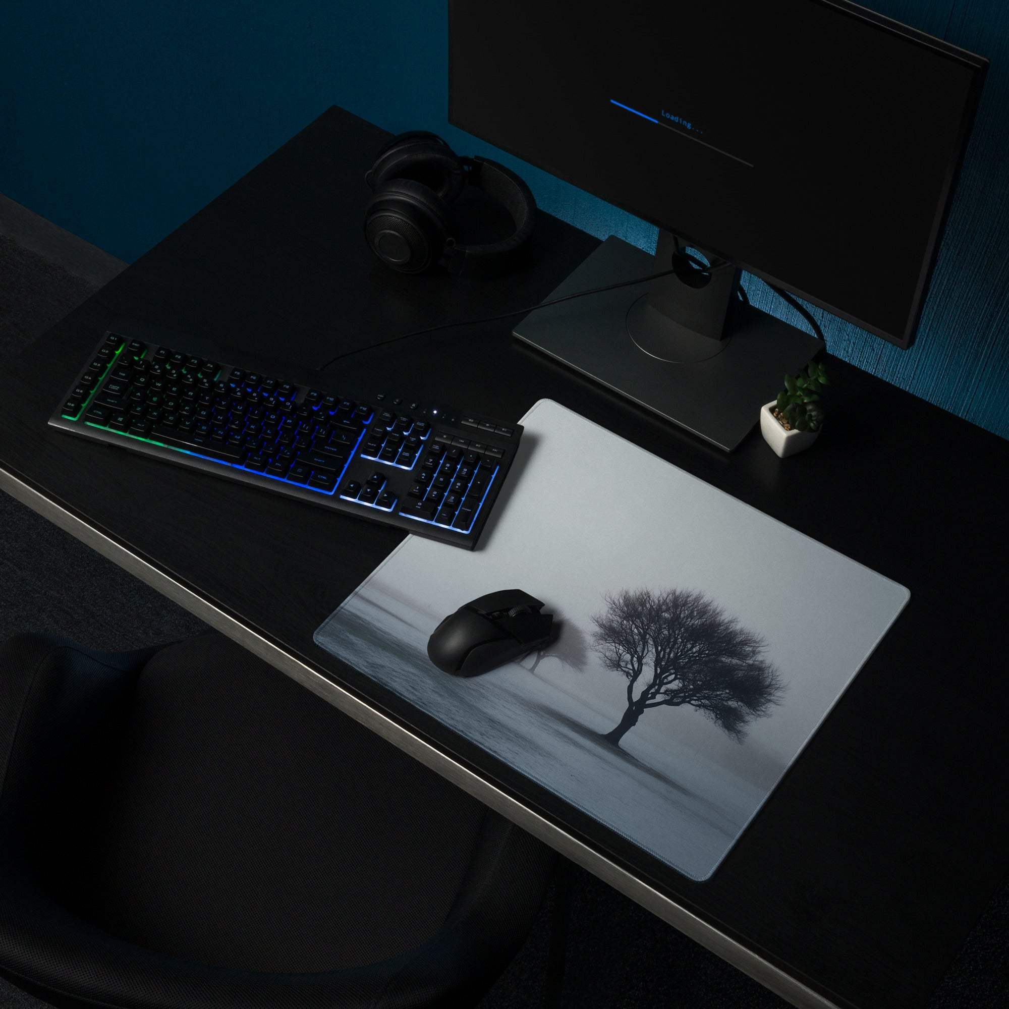 Calm misty forest tree monochrome gaming mouse pad with non-slip base