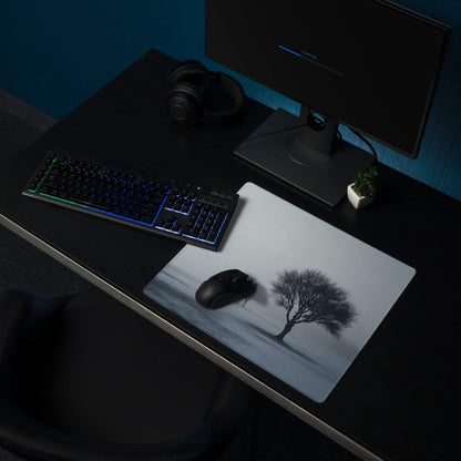 Calm misty forest tree monochrome gaming mouse pad with non-slip base
