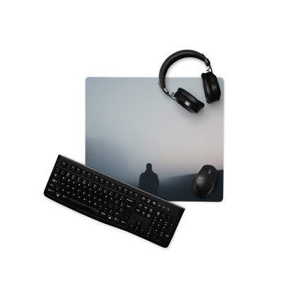 Black keyboard mouse on moody blue gray gaming mouse pad with misty hills silhouette