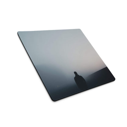 Sleek Moody Blue Gray square glass gaming mousepad with misty silhouette