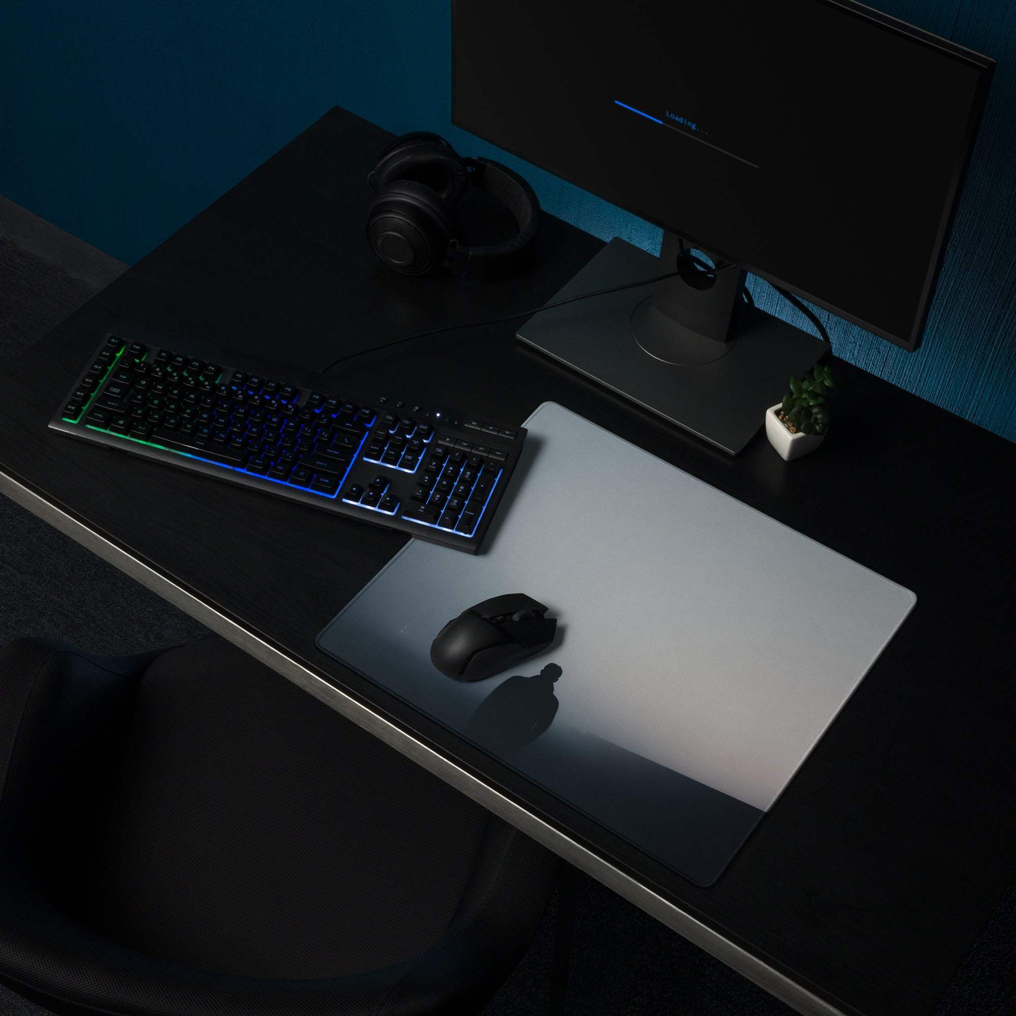 Sleek Moody Blue Gray gradient gaming mouse pad with non-slip base