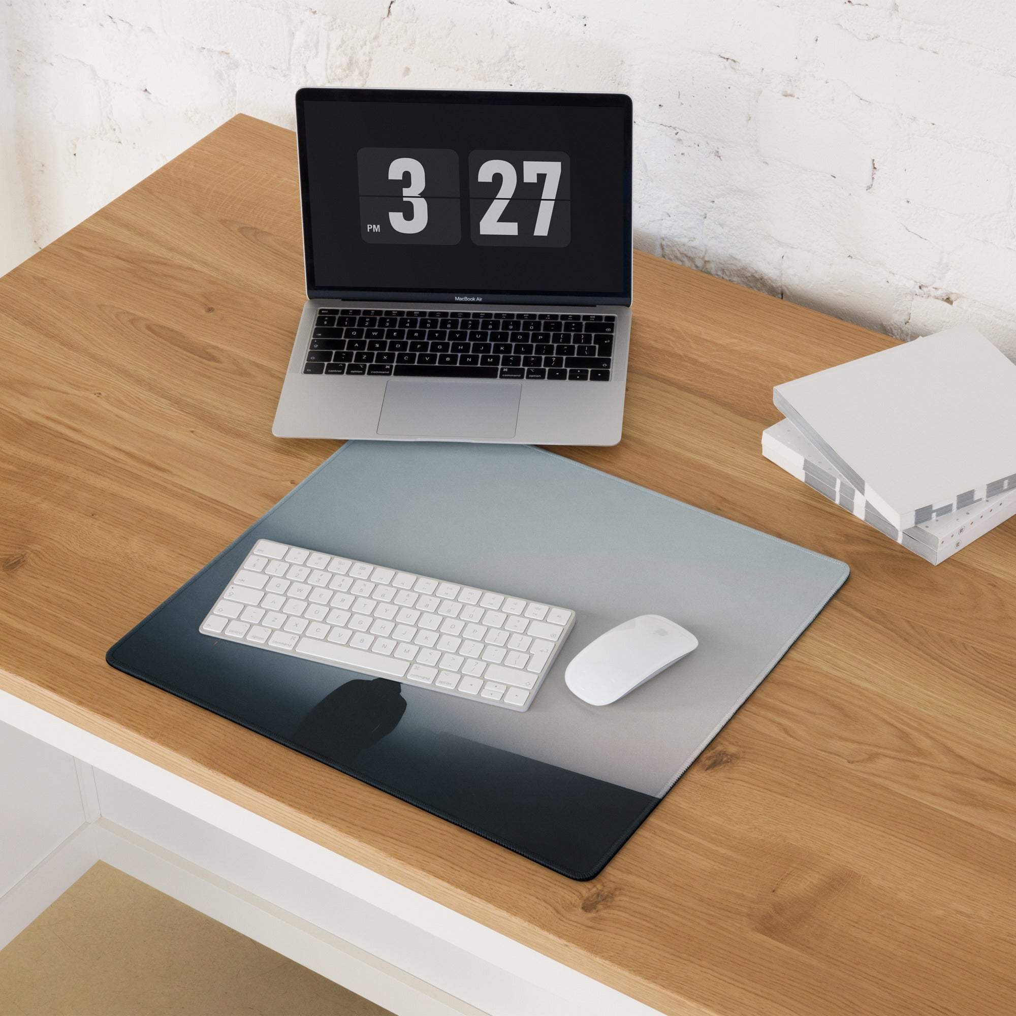 Moody blue gray gaming mouse pad with gray gradient, non-slip base, stitched edges