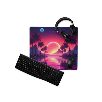 Vibrant neon sunset palm tree gaming mouse pad with large non-slip surface