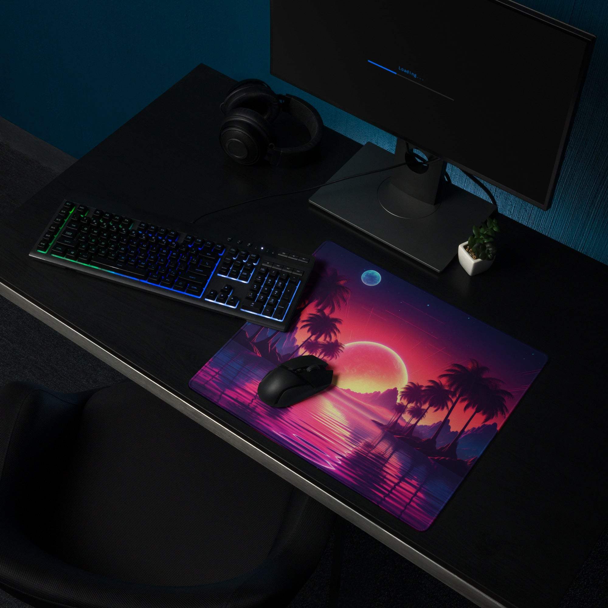 Neon Sunset Landscape Palm Tree Gaming Mouse Pad with vibrant retro-futuristic design