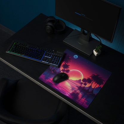 Neon Sunset Landscape Palm Tree Gaming Mouse Pad with vibrant retro-futuristic design