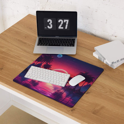 Vibrant retro-futuristic neon sunset palm tree gaming mousepad glossy finish