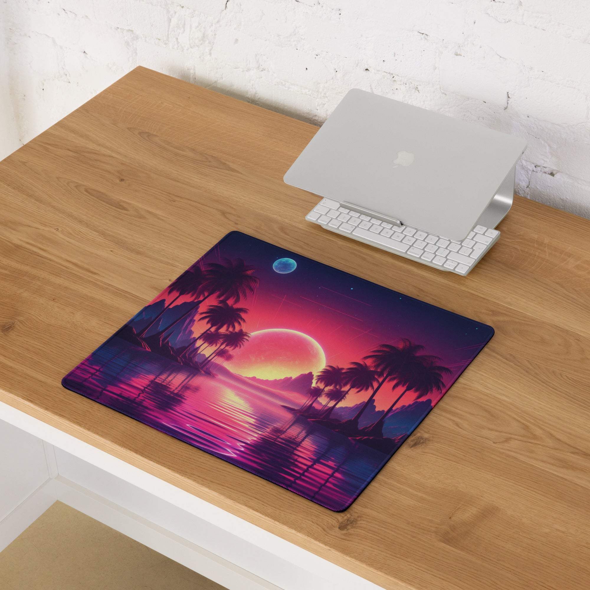 Vibrant neon sunset palm tree gaming mouse pad with large non-slip surface