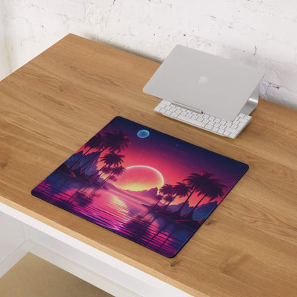 Vibrant neon sunset palm tree gaming mouse pad with large non-slip surface