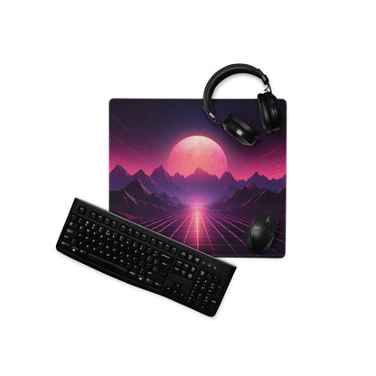 Vibrant neon sunset mountains gaming mouse pad with large size and non-slip base