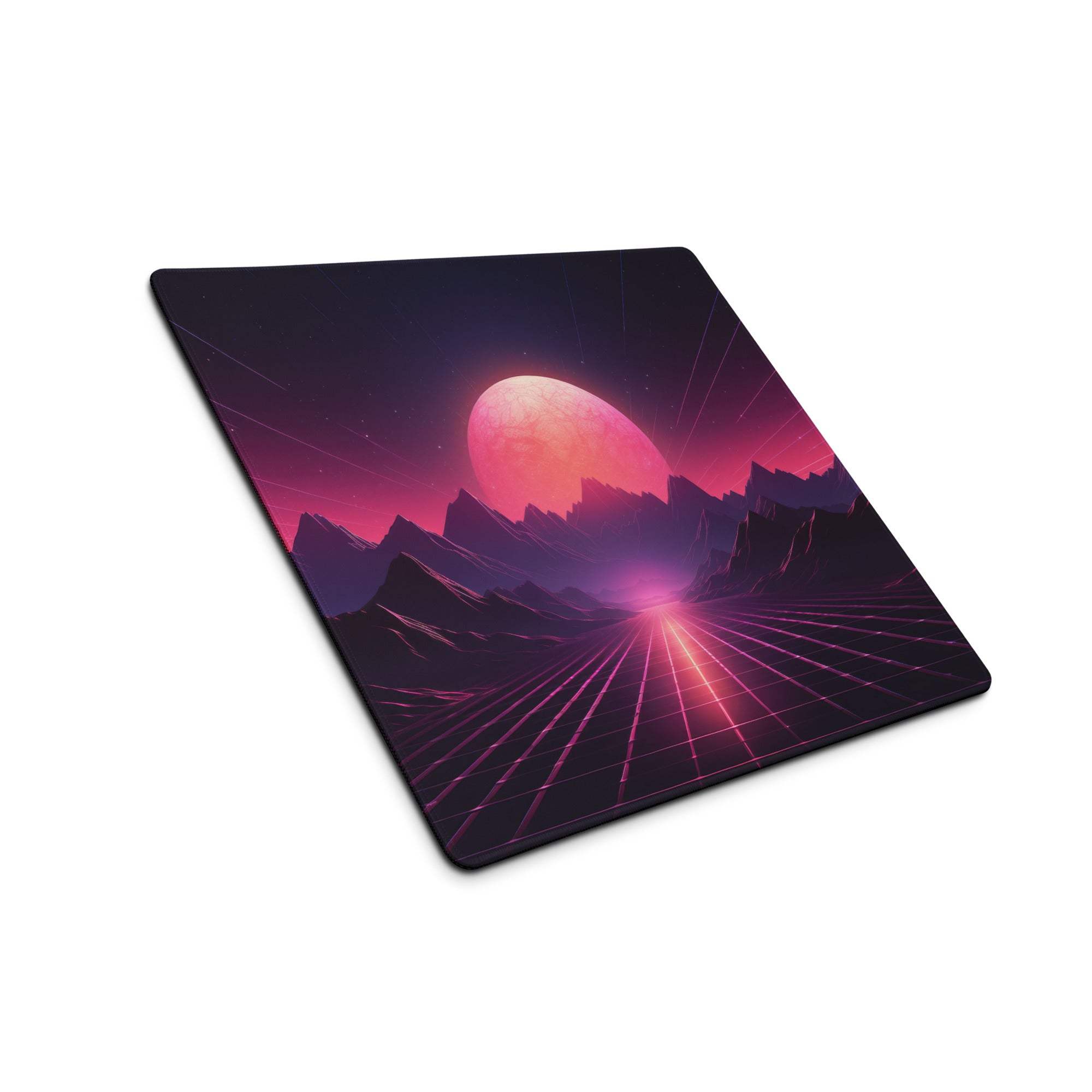 Neon Sunset Mountains gaming mouse pad with retro-futuristic landscape