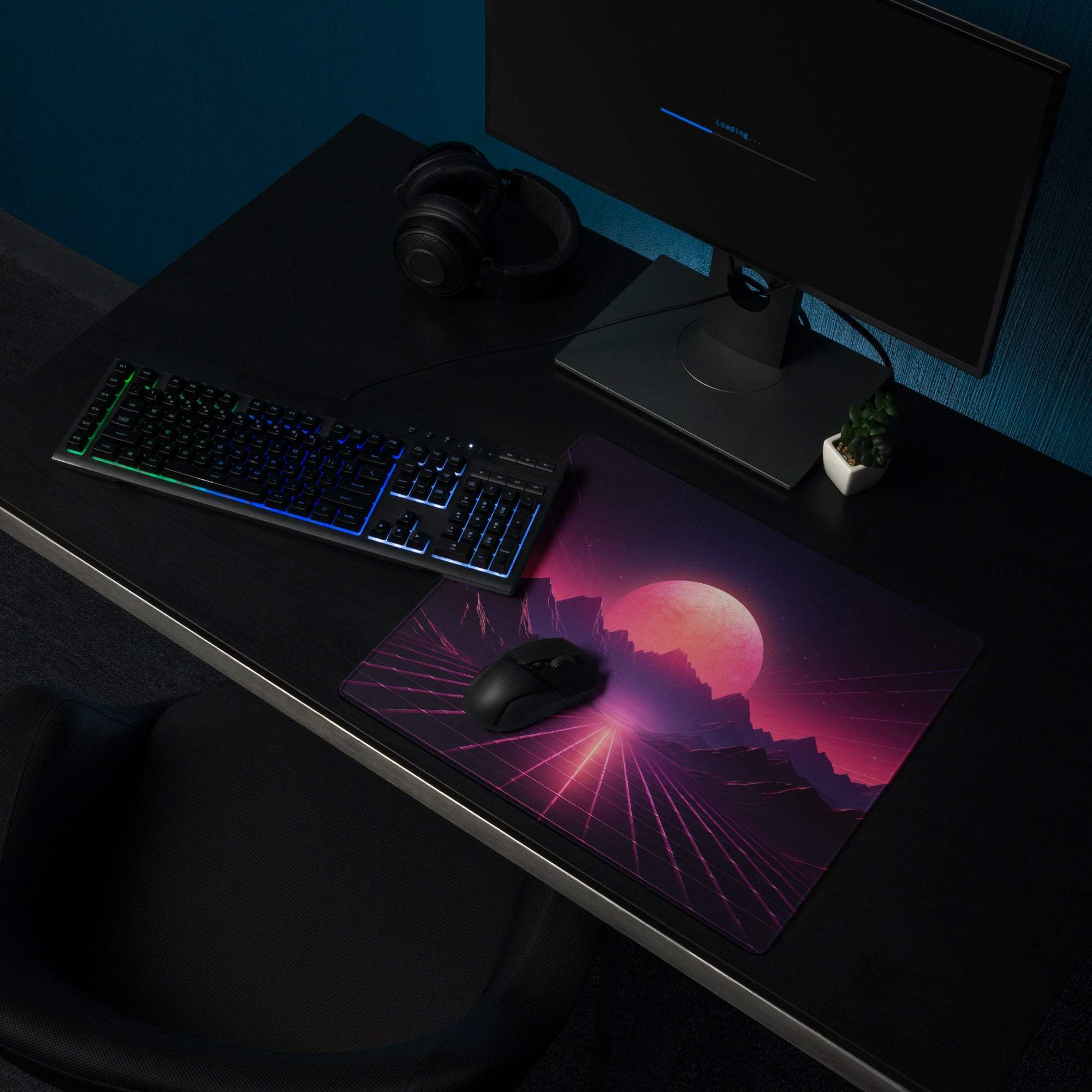 Vibrant purple pink cosmic Neon Sunset Mountains gaming mousepad with glowing orange moon