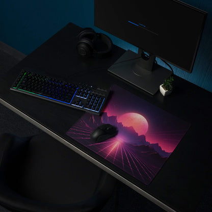 Vibrant purple pink cosmic Neon Sunset Mountains gaming mousepad with glowing orange moon