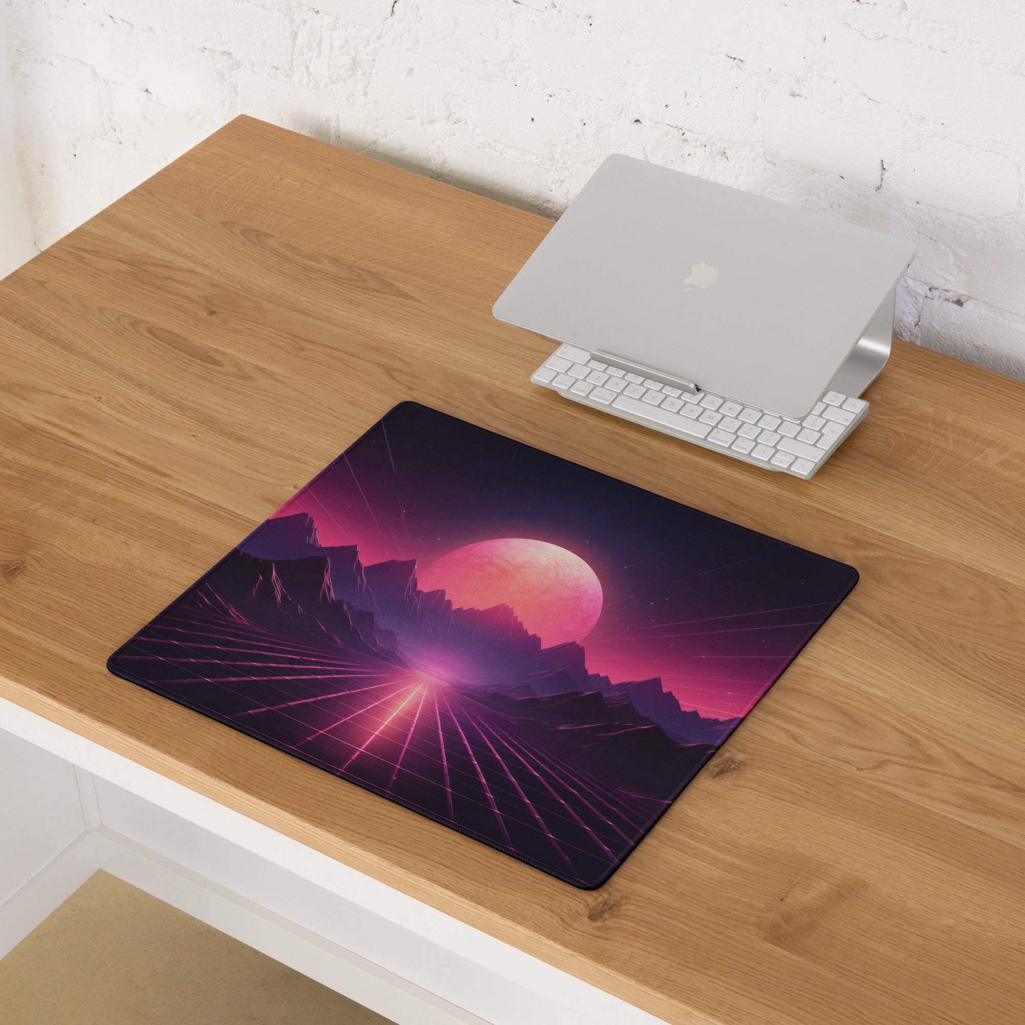 Neon sunset mountains gaming mouse pad with vibrant retro-futuristic landscape