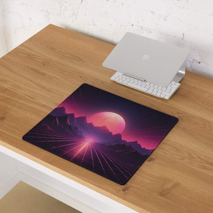 Neon sunset mountains gaming mouse pad with vibrant retro-futuristic landscape