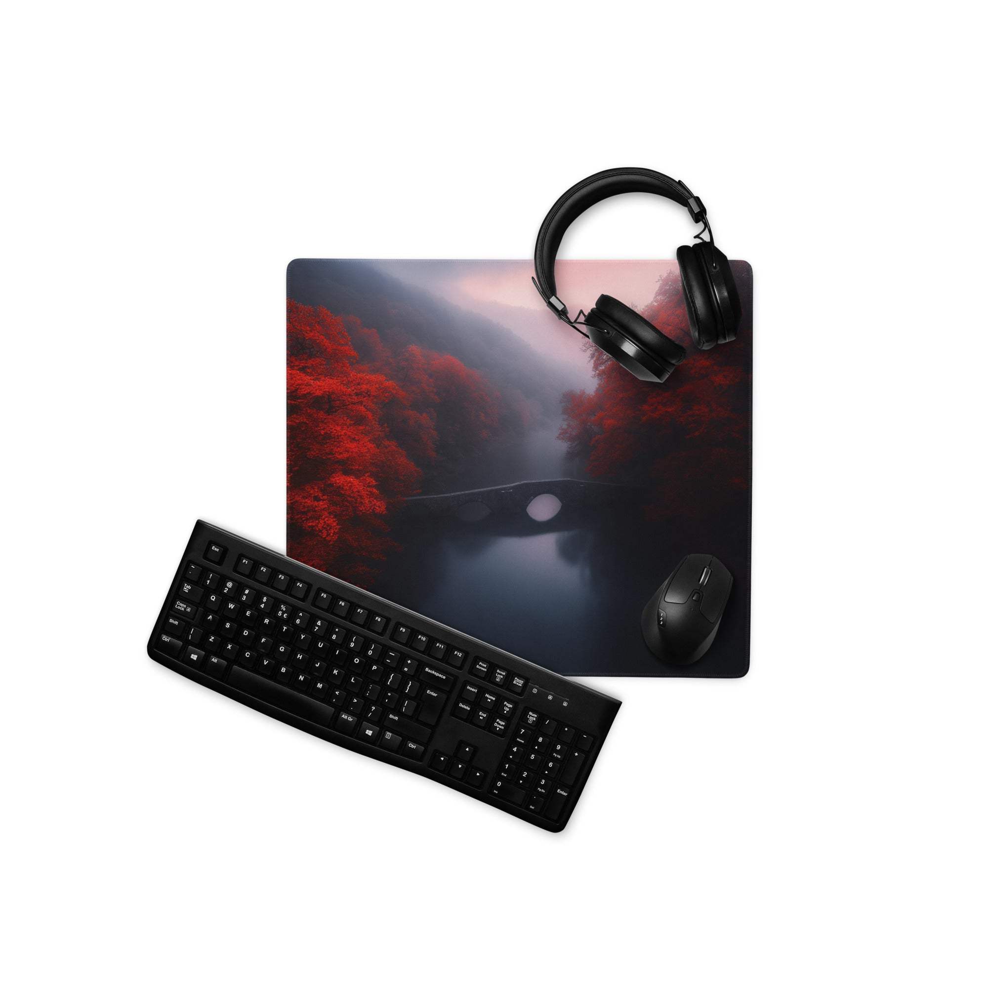 Landscape style forest moody red gaming mouse pad with headphones keyboard mouse