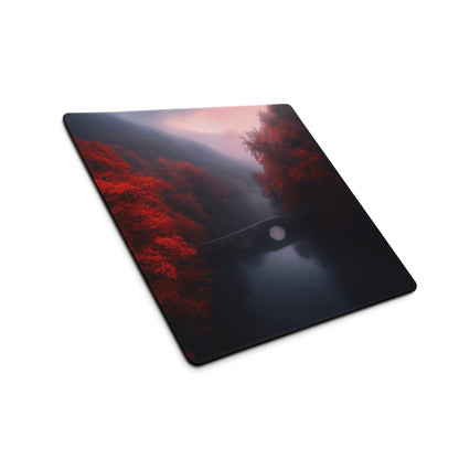 Red forest gaming mouse pad with misty mountains, stone bridge, twilight sky, non-slip base