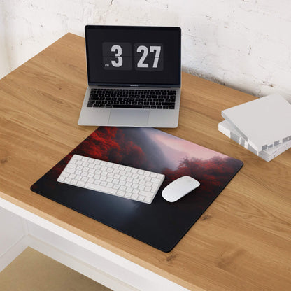 Black gaming mouse pad with red gray mountain landscape design