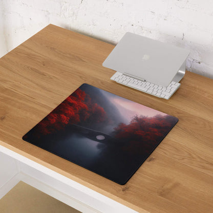 Landscape style forest moody red gaming mouse pad with crimson trees misty mountains pink sky