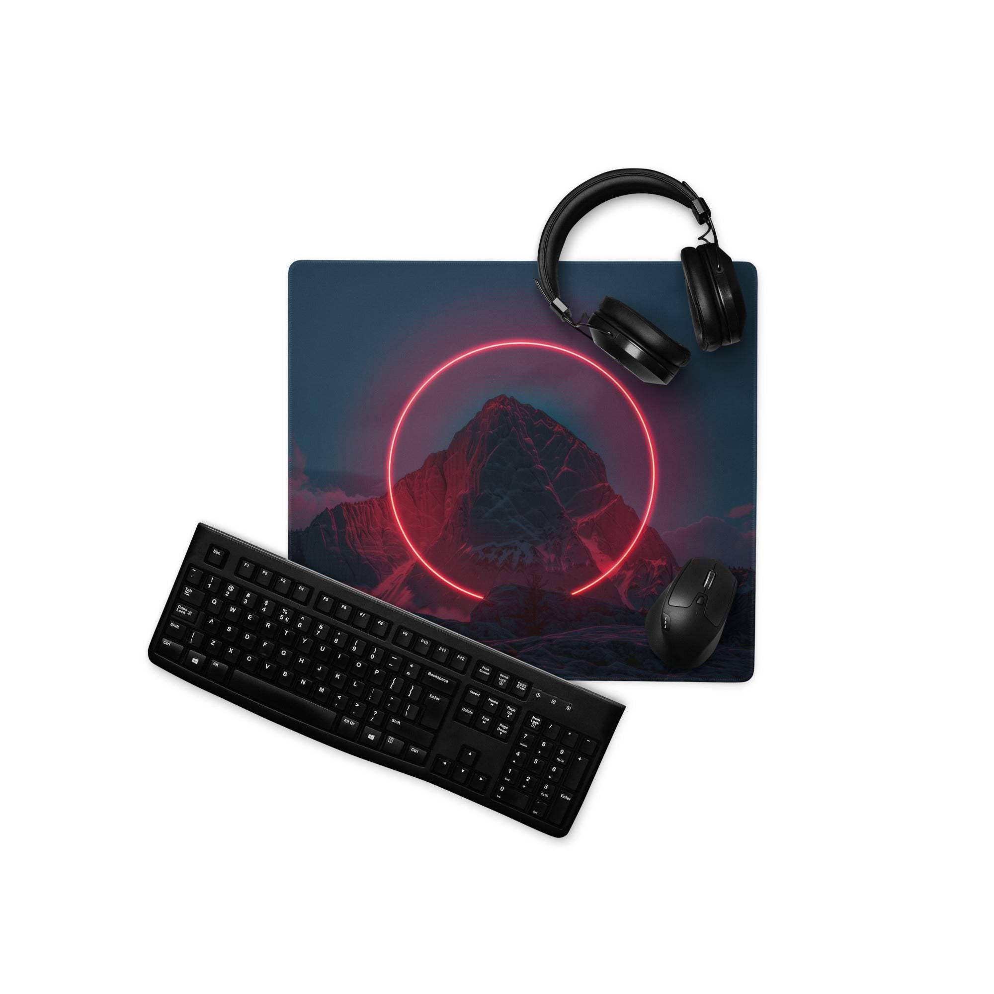 Black gaming mousepad with neon red circle around mountain on dark blue cyberpunk backdrop
