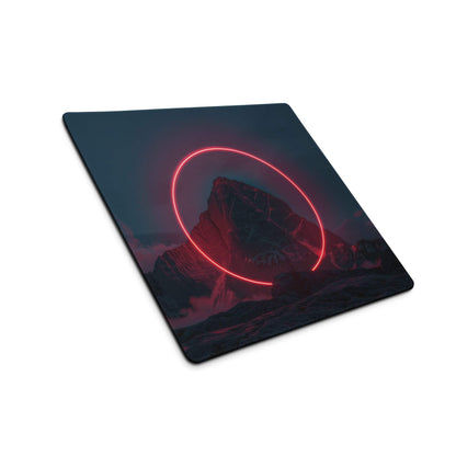 Neon cyberpunk mountain with pink neon circle on dark blue gaming mouse pad