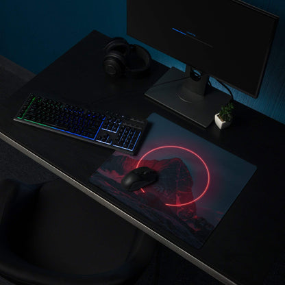 Black gaming mousepad with glowing pink neon circle on cyberpunk dark mountain night scene