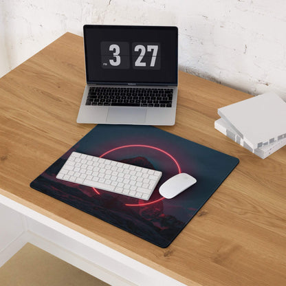 Black gaming mousepad with glowing red neon circle on cyberpunk mountain scene