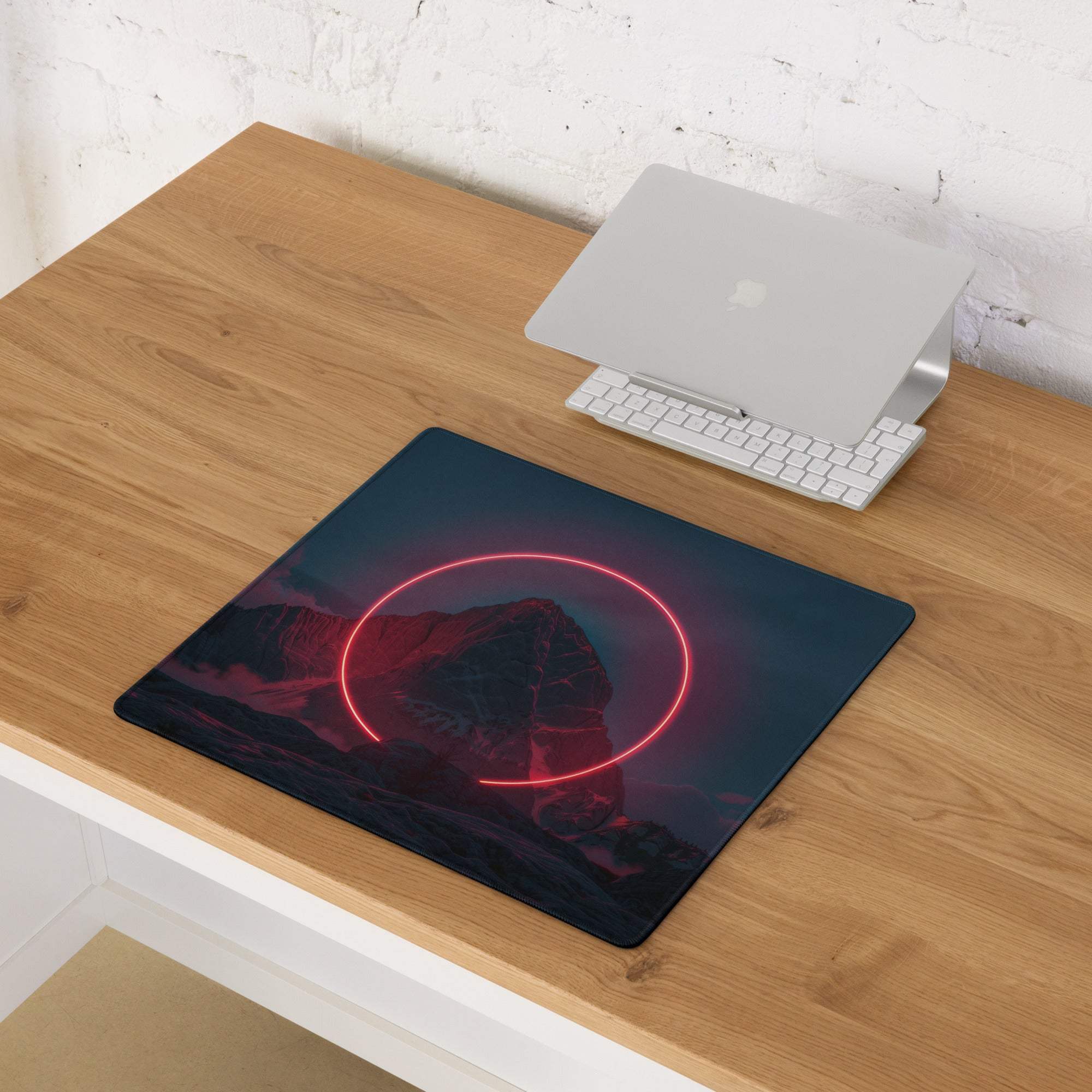 Neon cyberpunk mountain scene gaming mouse pad with glowing pink neon circle