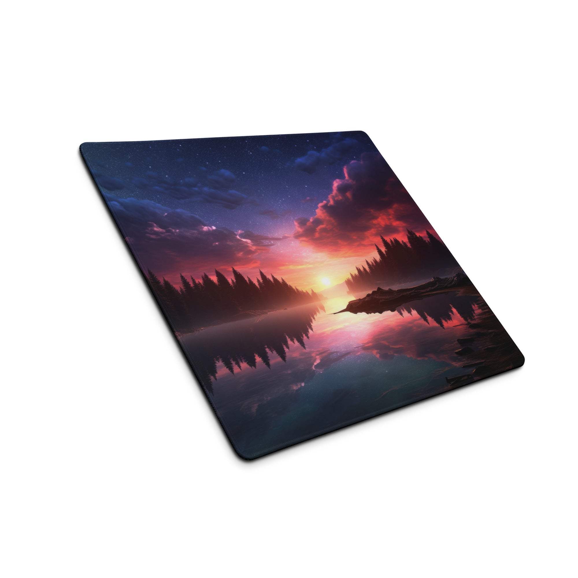 Vibrant sunset lake forest gaming mouse pad with twilight sky and silhouetted trees