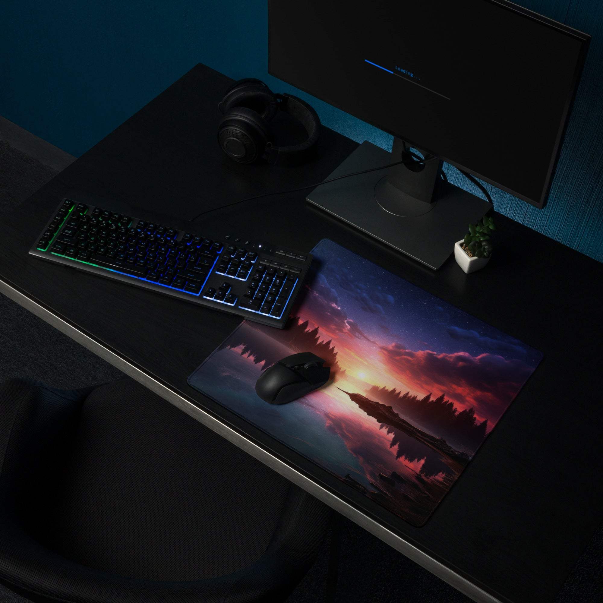 Vibrant sunset lake forest gaming mouse pad with silhouetted trees