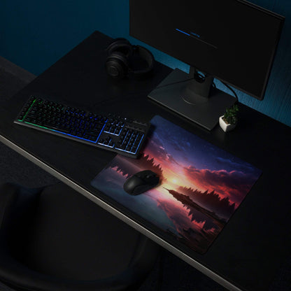 Vibrant sunset lake forest gaming mouse pad with silhouetted trees