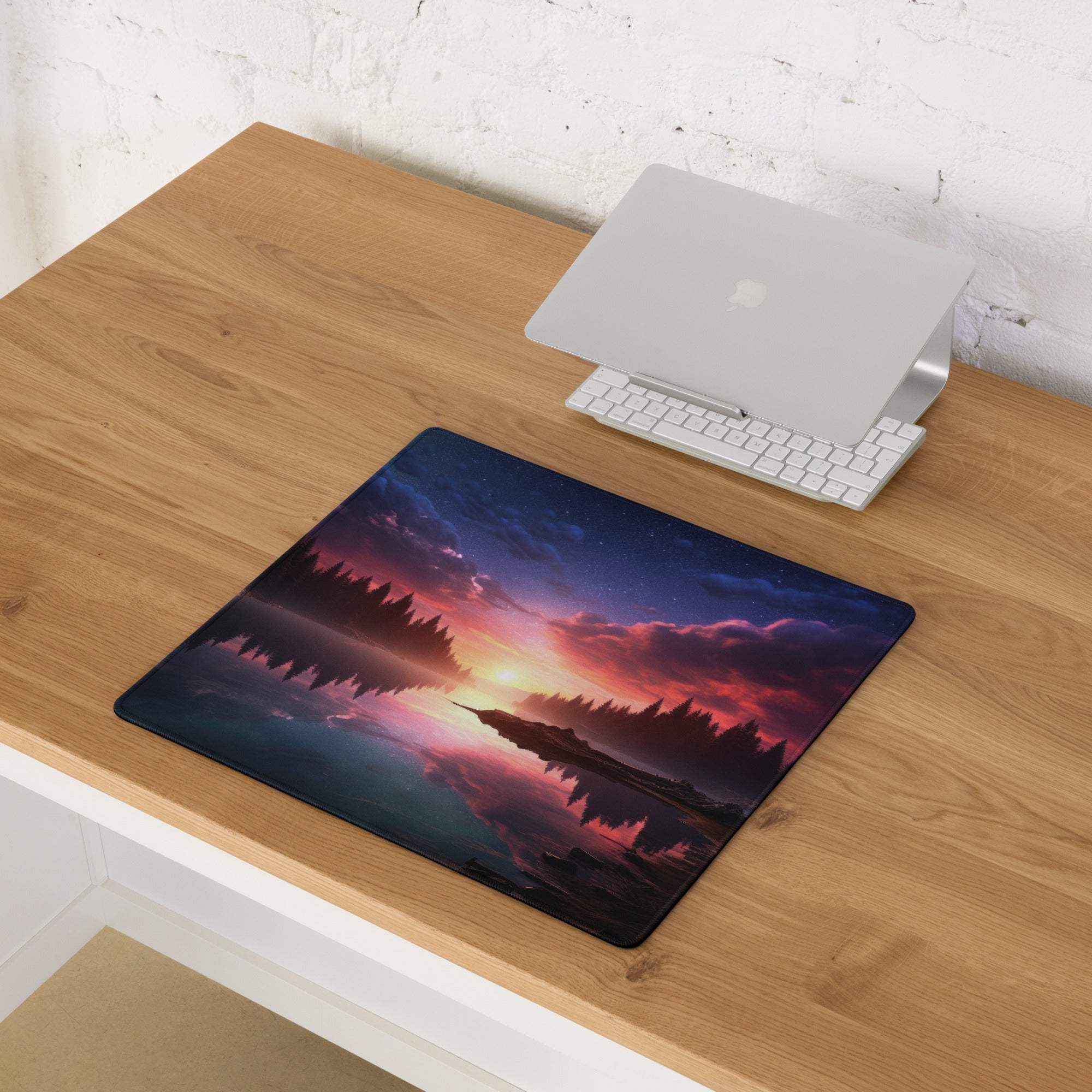 Vibrant sunset lake forest gaming mouse pad with silhouetted trees