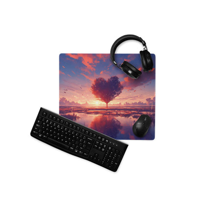 Vibrant sunset heart-shaped tree mouse pad for Dota CSGO gaming, non-slip base