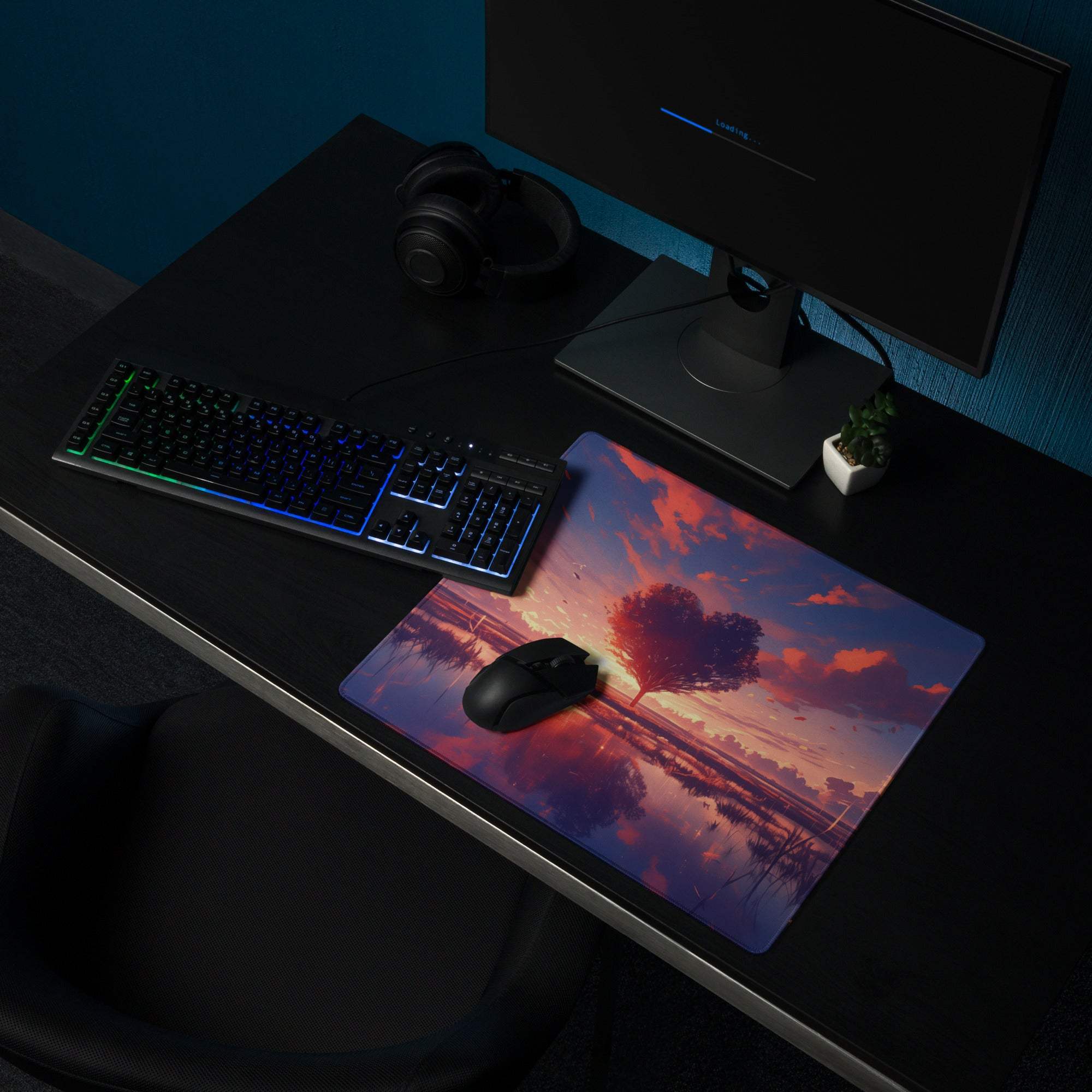 Sunset heart tree gaming mouse pad with non-slip base and stitched edges