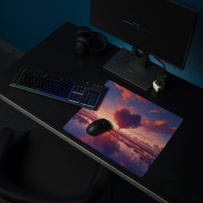 Sunset heart tree gaming mouse pad with non-slip base and stitched edges