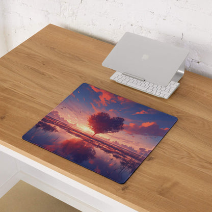 Vibrant sunset heart tree mouse pad with non-slip base, large gaming size