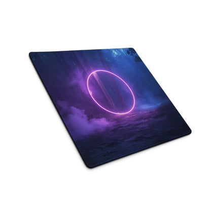 Mystic Neon Forest Glow gaming mousepad with pink neon ring on cosmic background
