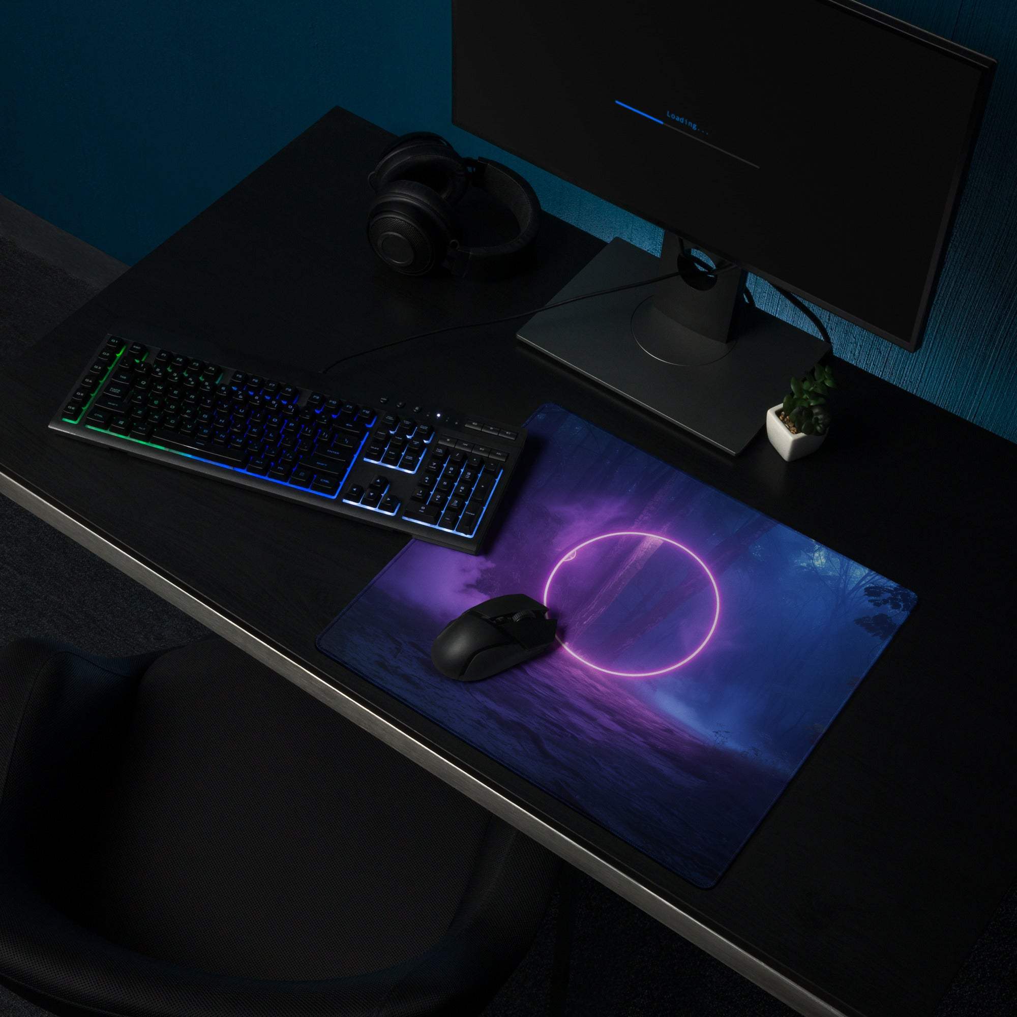 Mystic Neon Forest Glow ultra large gaming mousepad with purple blue nebula design
