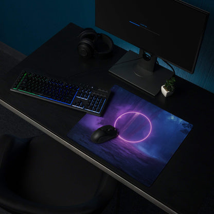 Mystic Neon Forest Glow ultra large gaming mousepad with purple blue nebula design