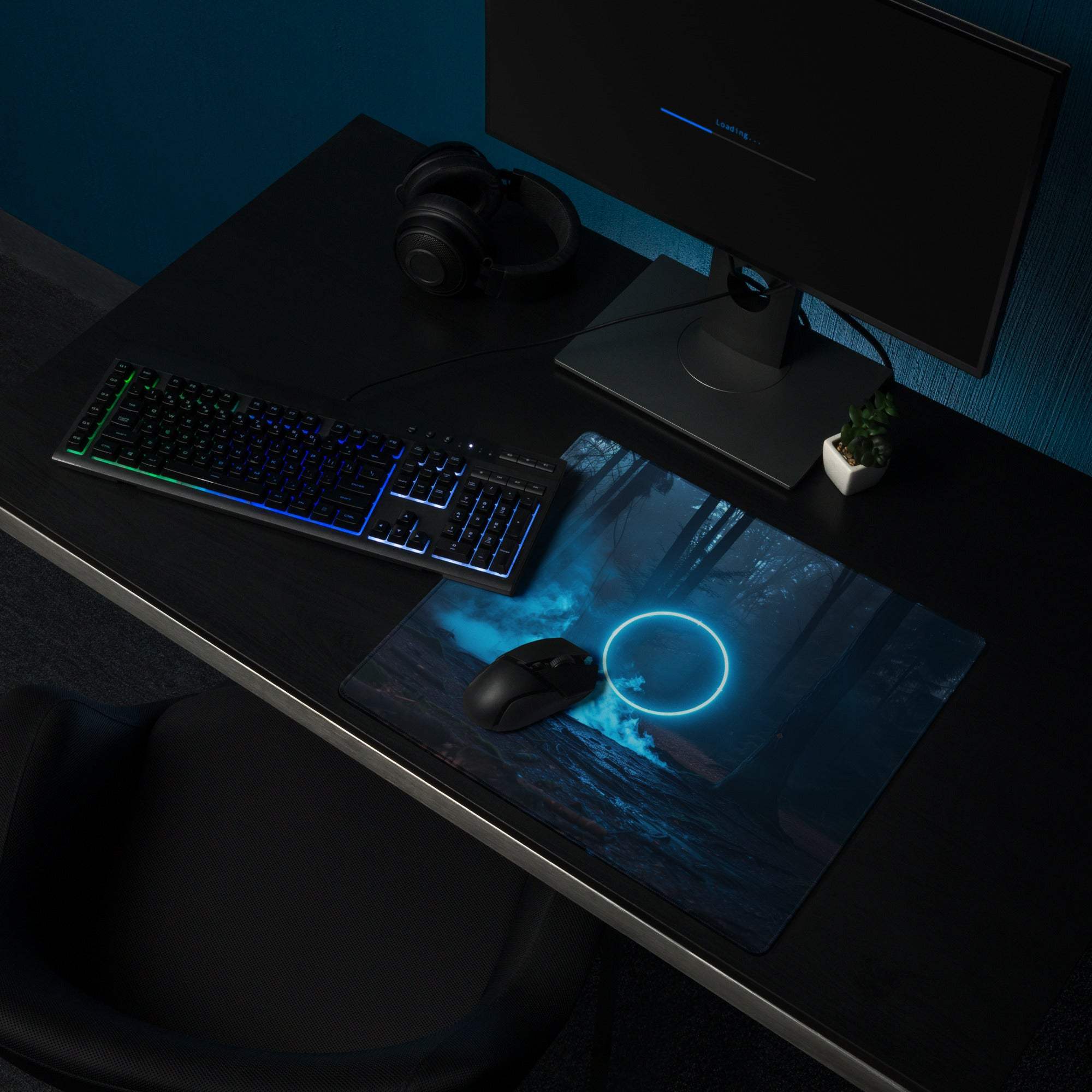Blue neon circle glowing on dark forest gaming mousepad