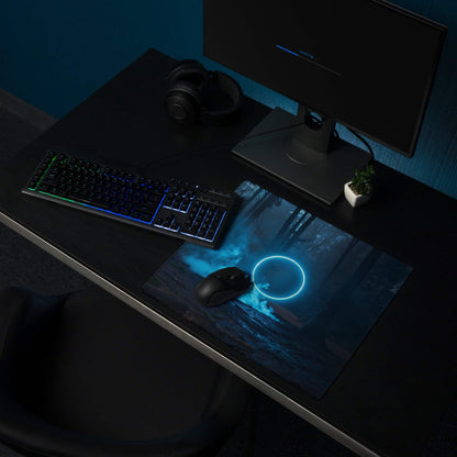 Blue neon circle glowing on dark forest gaming mousepad