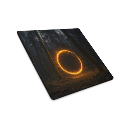 Large dark forest mousepad with glowing golden ring, neon orange glow, edge stitching