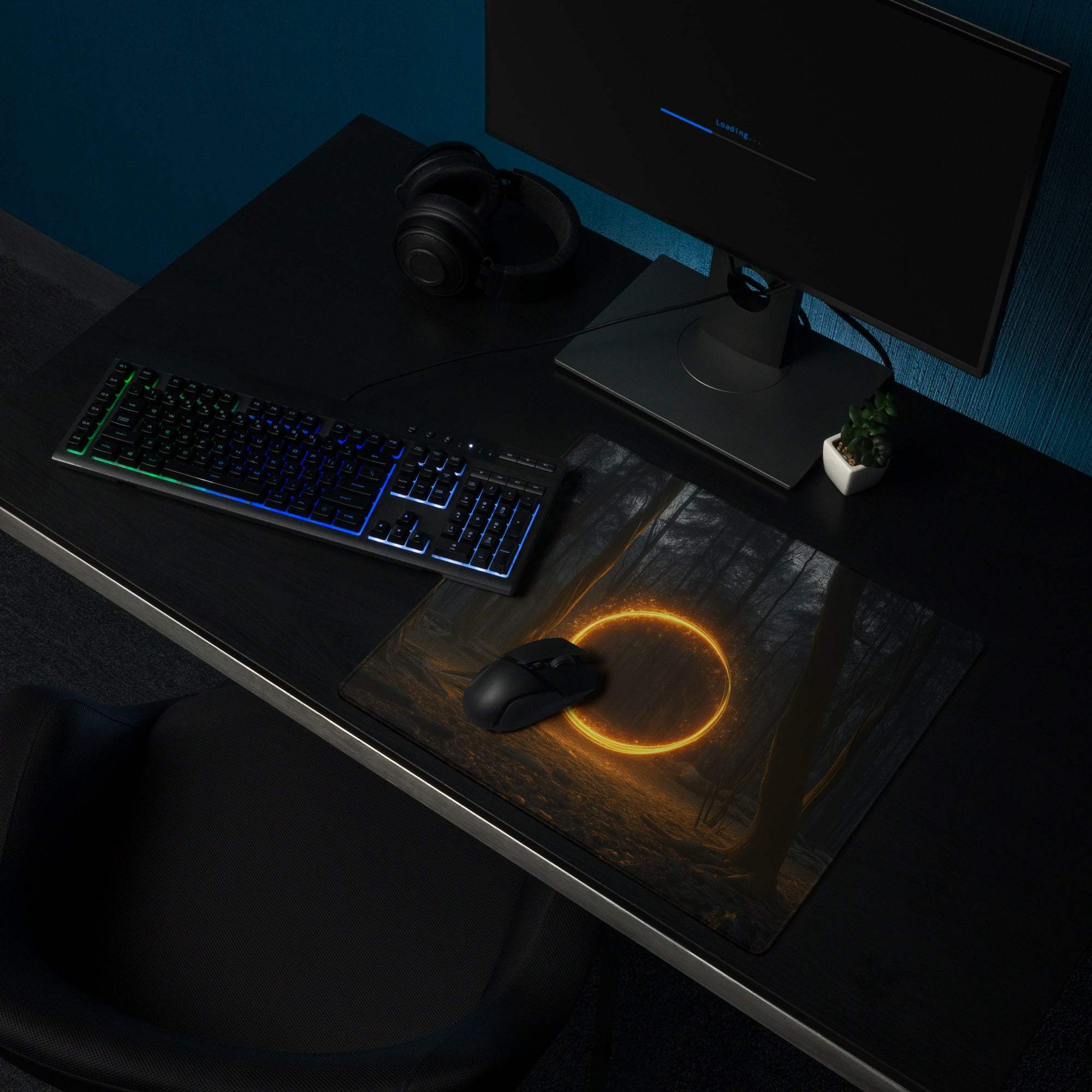 Large non-slip forest glow circle gaming mousepad with orange ring and edge stitching
