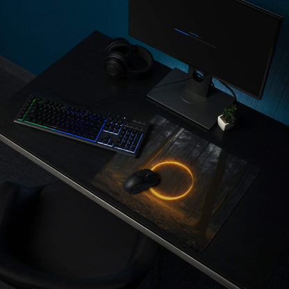 Large non-slip forest glow circle gaming mousepad with orange ring and edge stitching
