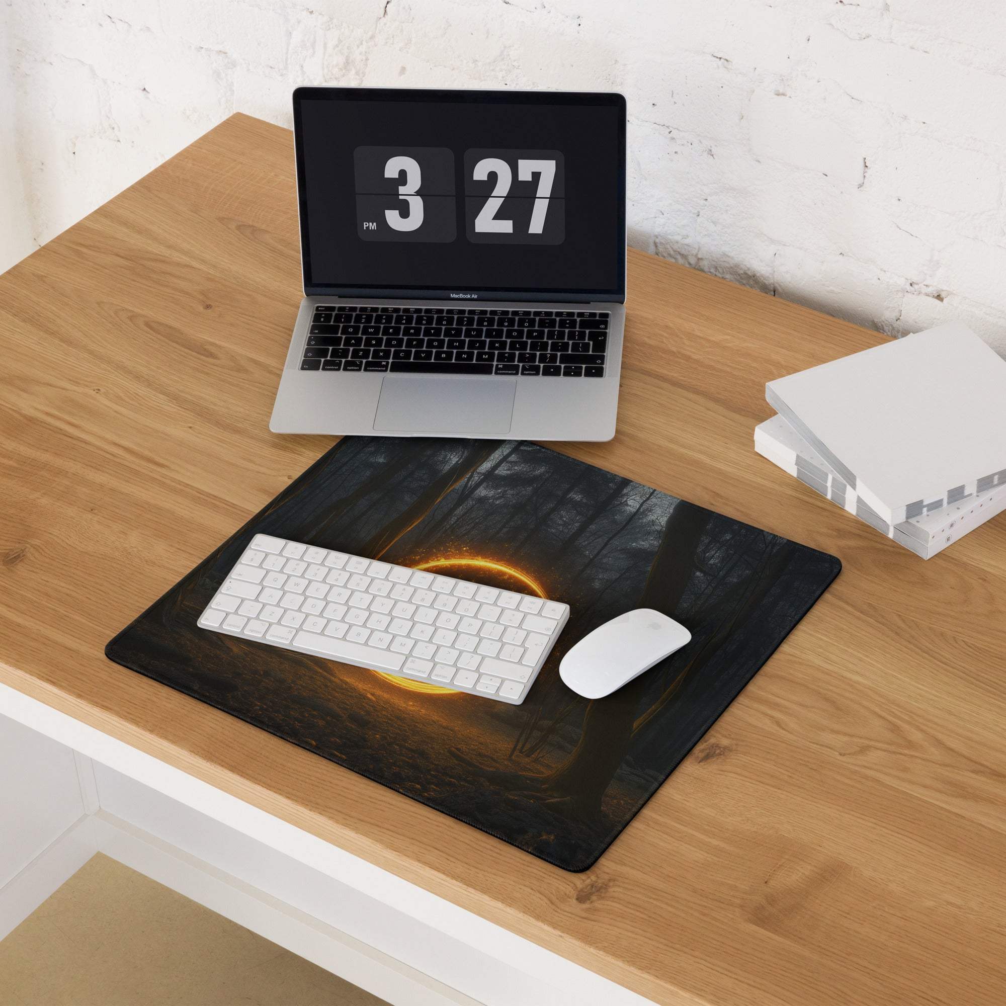 Large non-slip gaming mousepad with glowing orange ring on wood texture