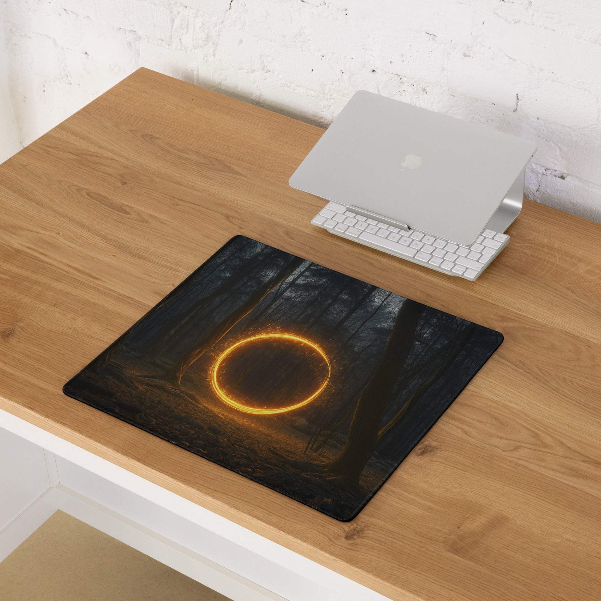 Large non-slip forest glow circle gaming mousepad with orange ring and edge stitching