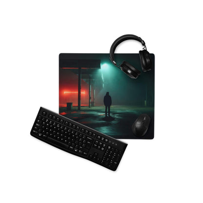 Black gaming mousepad with moody noir neon night scene and non-slip stitching